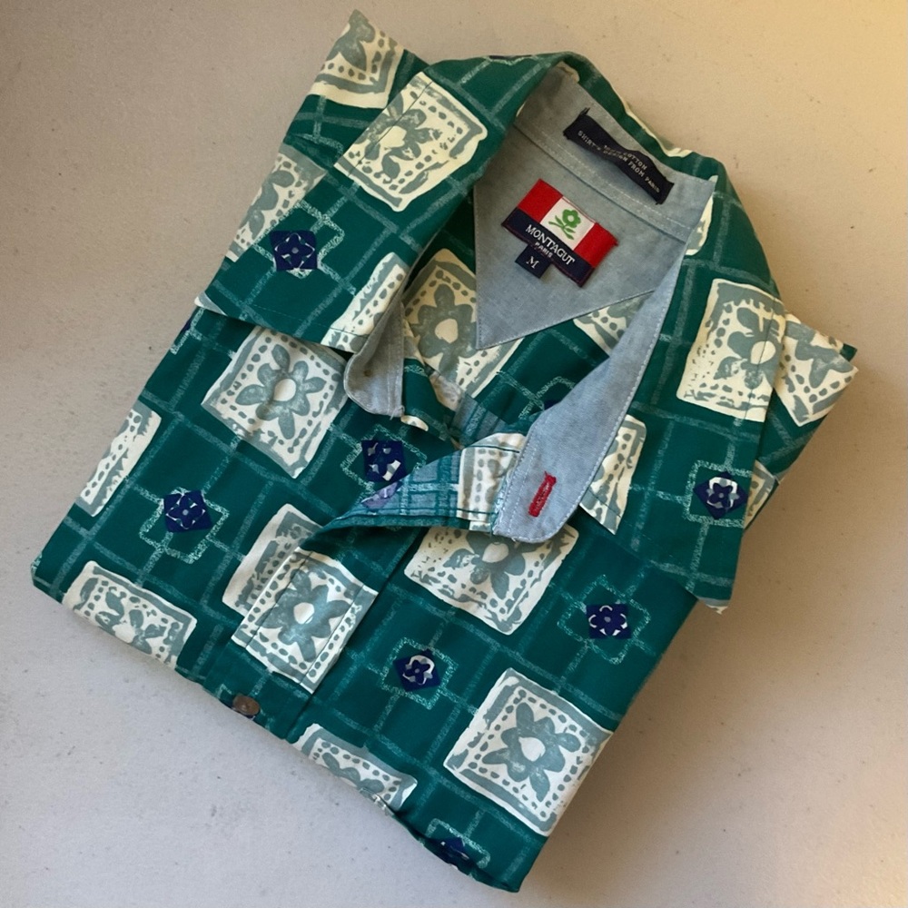 Montagut Button Front Green Floral Print Hawaiian Shirt